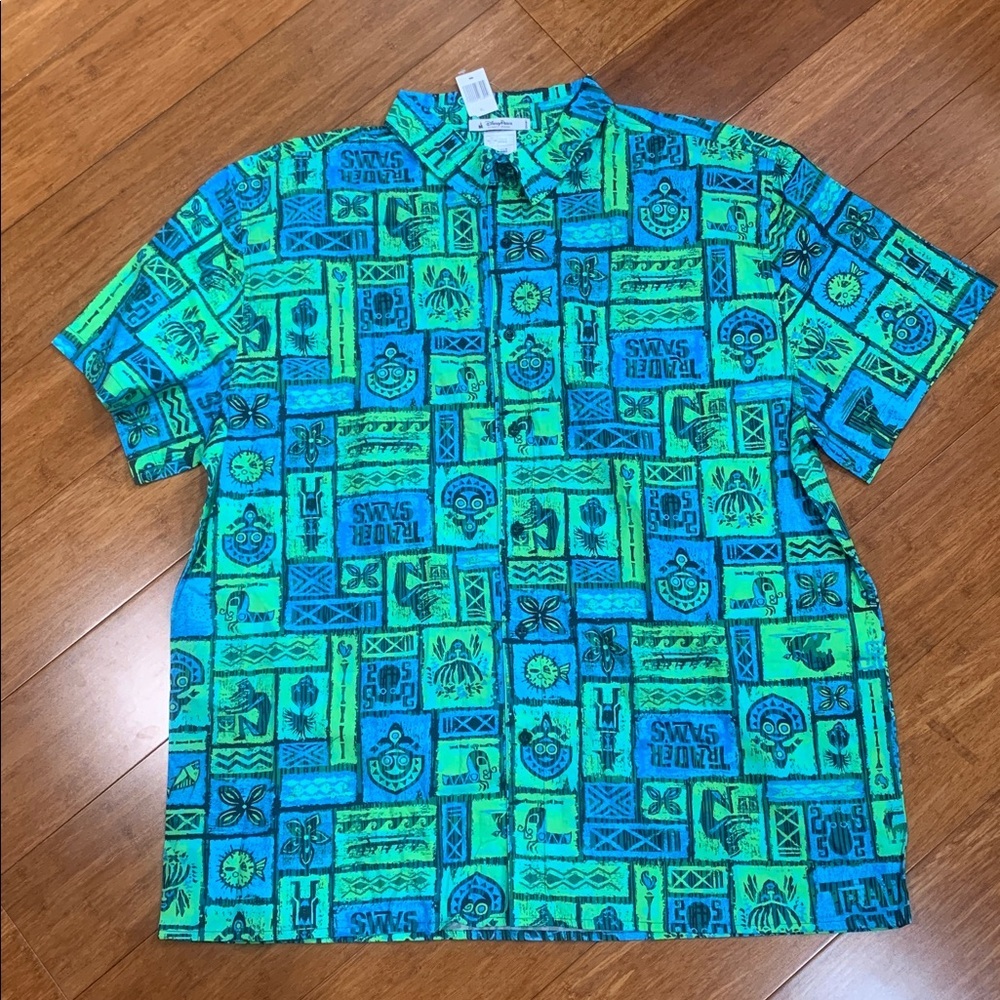 Disney Parks Trader Sams Tiki Button Down Shirt Mens XL Green Blue Aloha Grotto